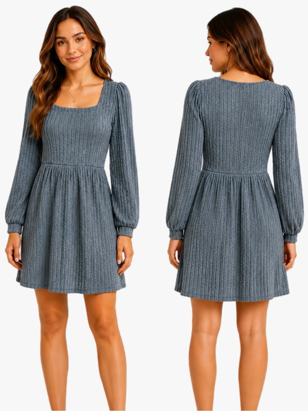 NWT OFEEFAN Blue Gray Plush Ribbed Knit Square Neck Puff Sleeve Mini Dress M